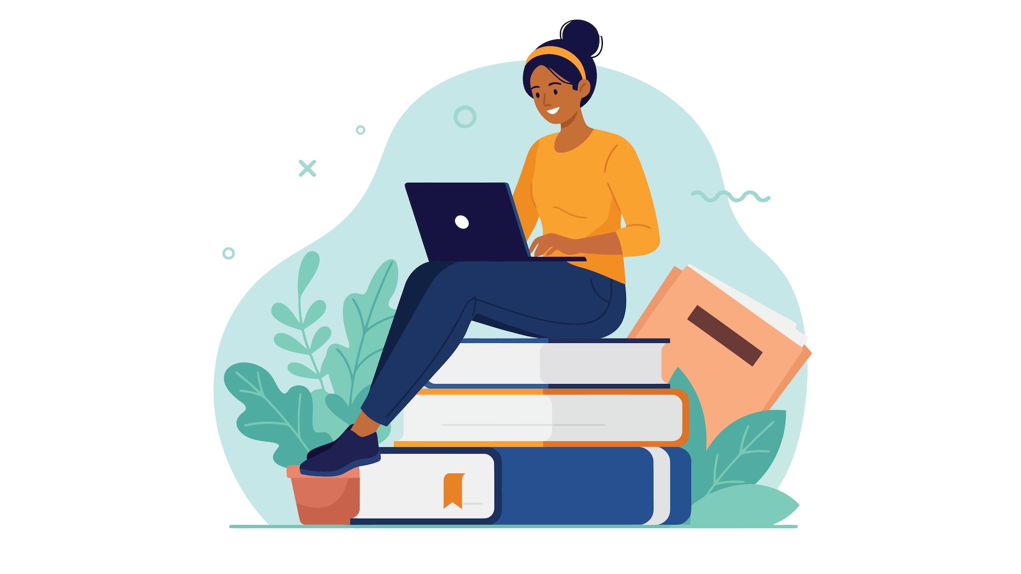 Girl studying on her computer while sitting on books