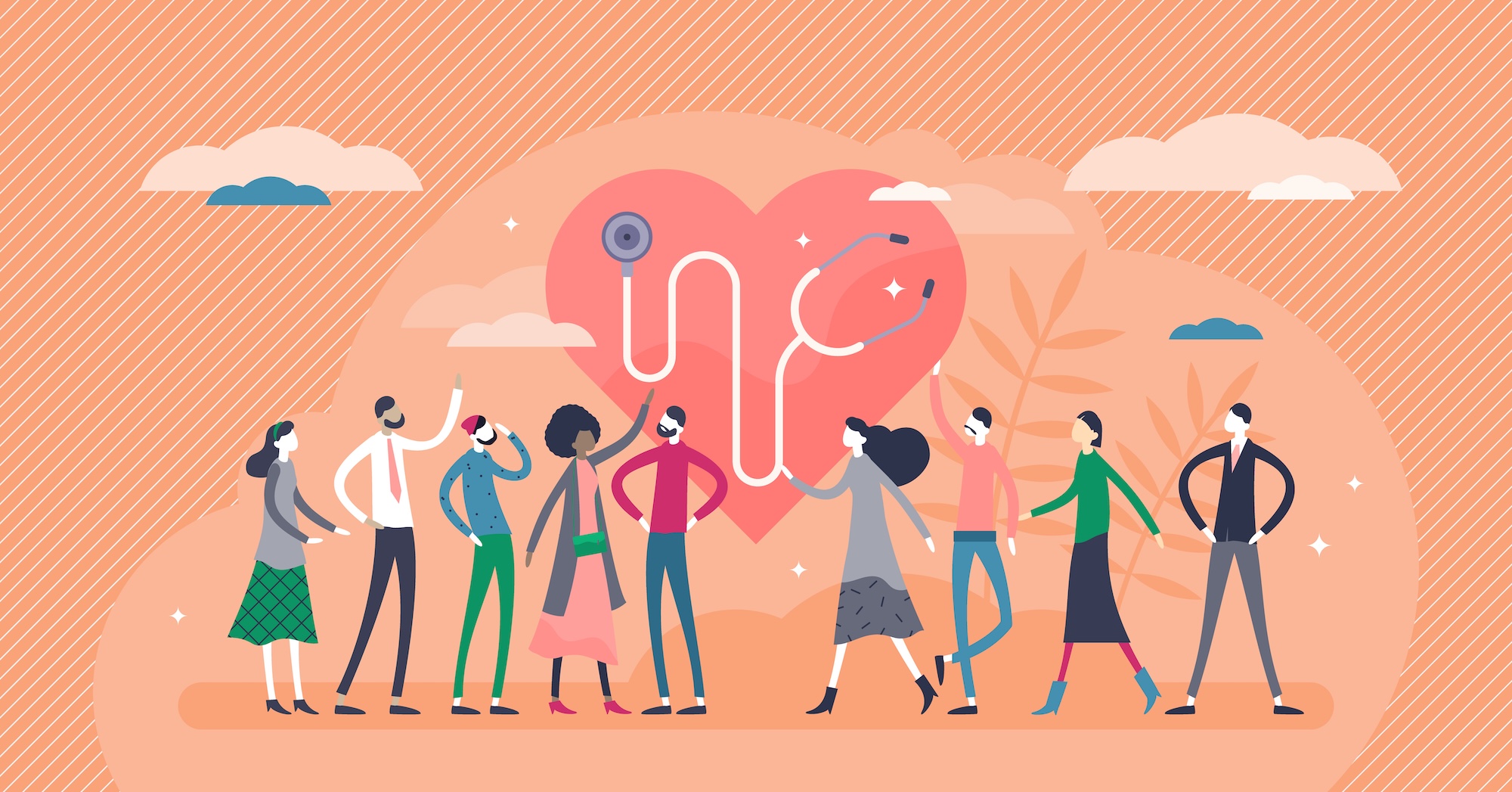 Flat vector illustration of a diverse group of people standing around a large pink heart containing a stethoscope.