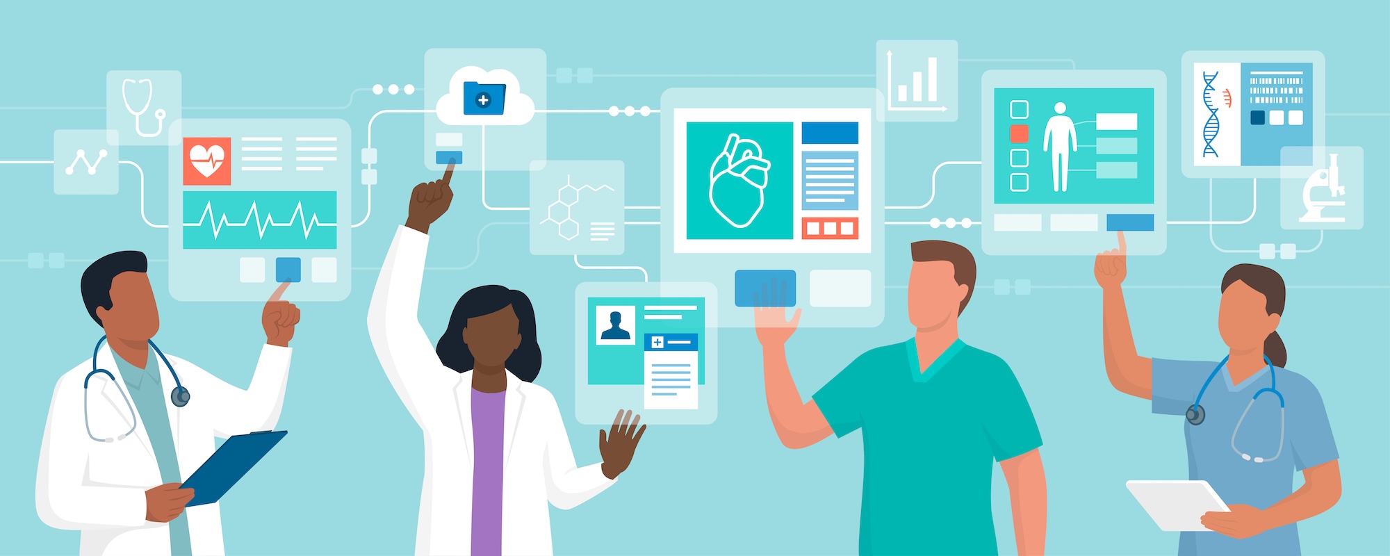 An illustration of four diverse medical professionals interacting with interconnected, floating digital screens.