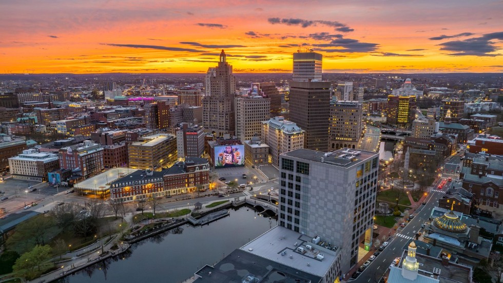 Providence, RI at sunset.